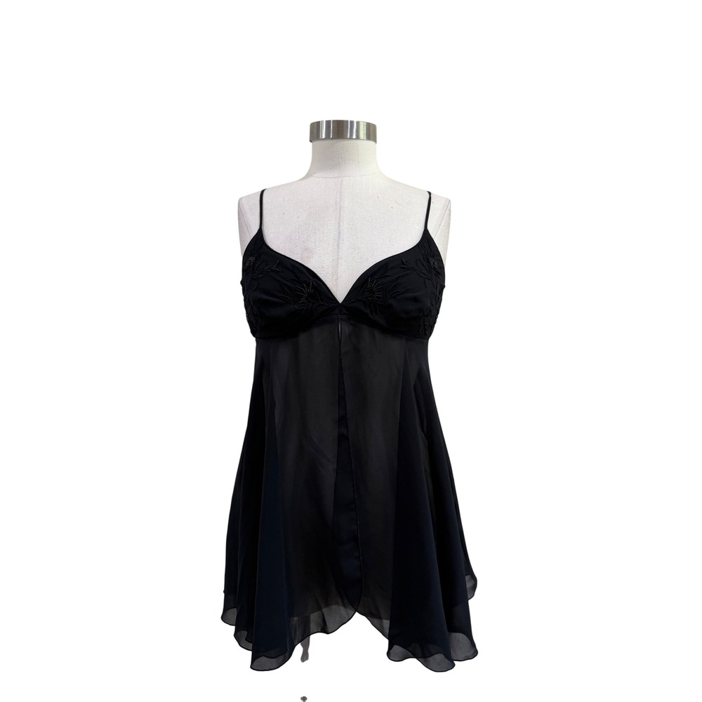 Victorias Secret Black Beaded Floral Sheer Babydoll Flyaway Top Small